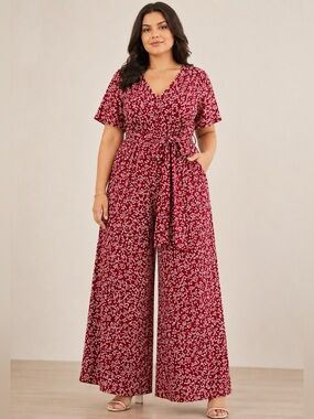 NWT BLOOMCHIC Floral Print Pocket Belted Wide Leg Jumpsuit Size 30